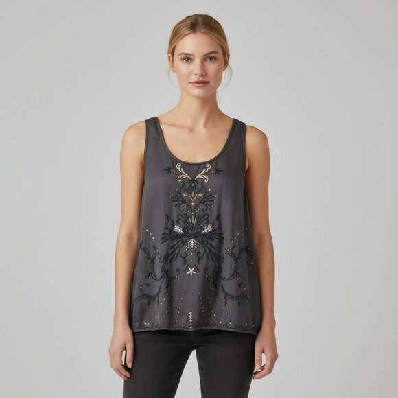 Odd Molly Embroidered Brown Satin Tank Top Size 1/Small - Picture 1 of 6